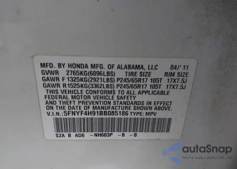 2011 Honda Pilot Touring z USA, uszkodzony, nr VIN 5FNYF4H91BB085186